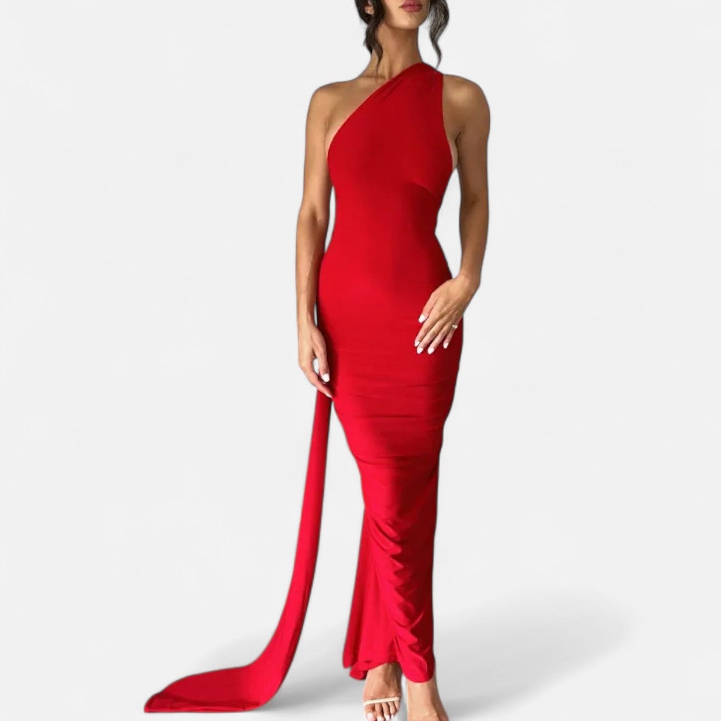 Black scarf-tier maxi dress with figure-flattering cut and elegant draped detail for glam nights