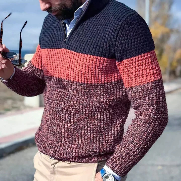 Men's colorblock half-zip sweater in waffle knit texture with three-tone gradient design