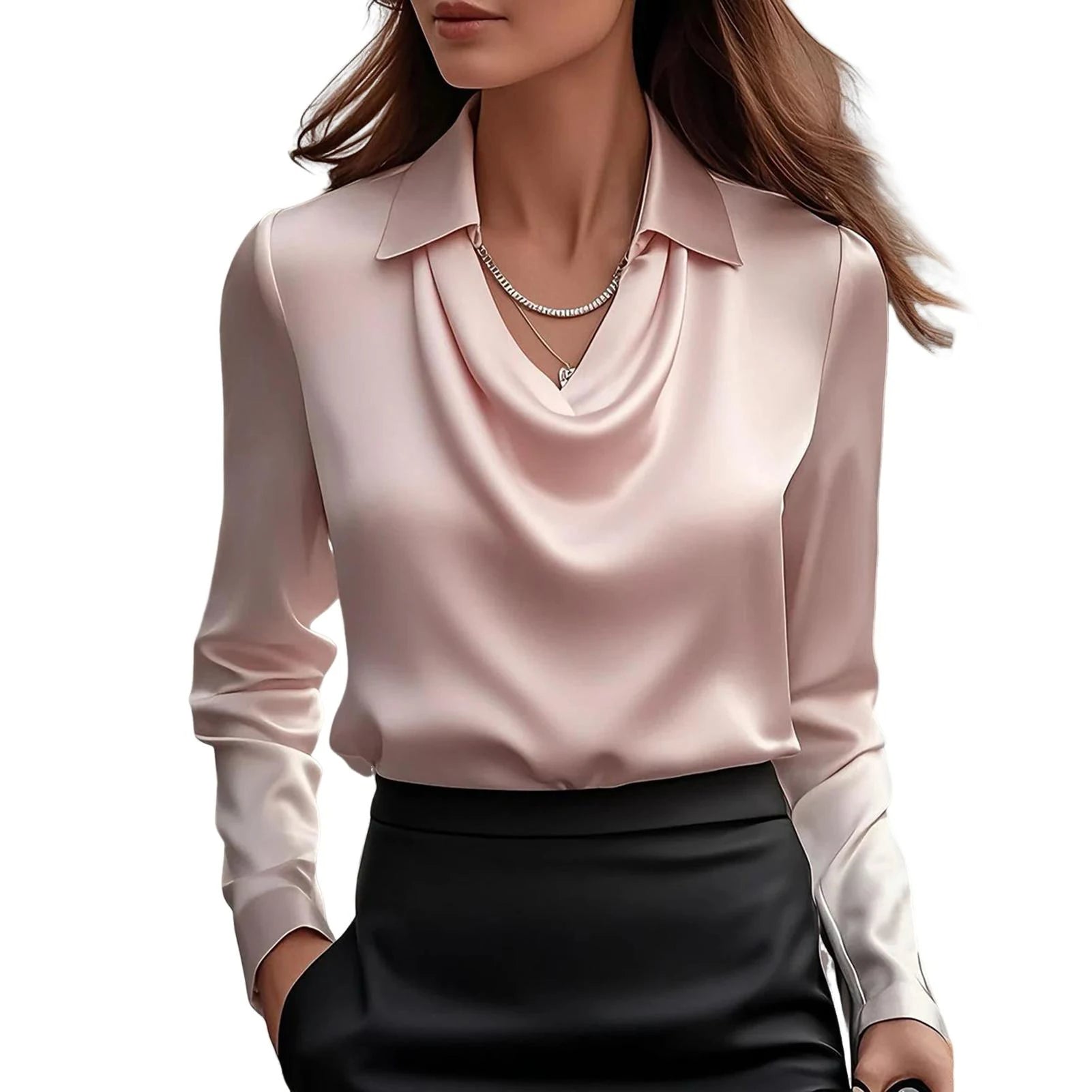 Ivory satin blouse silk-cotton blend sculpted cowl neckline office-to-evening professional top