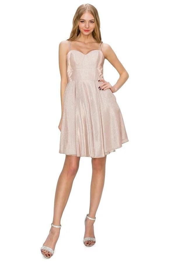 Teen girls metallic glitter homecoming dress spaghetti straps sweetheart neckline twirl-friendly short