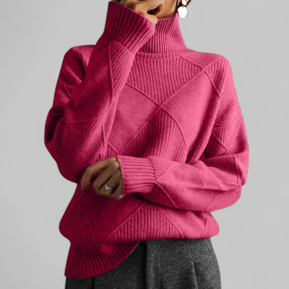 Violet women's turtleneck sweater with diamond-knit pattern, cozy winter style in rich purple hue