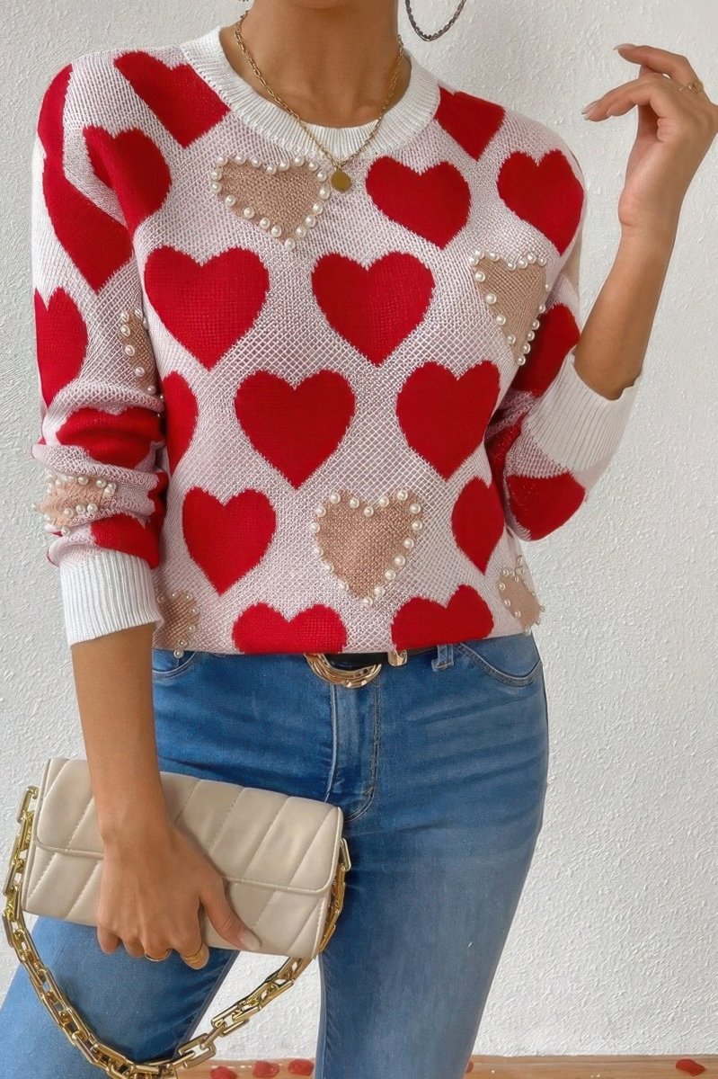 Women's white pearl beaded heart knit sweater, cozy round neck pullover with red Valentine motifs