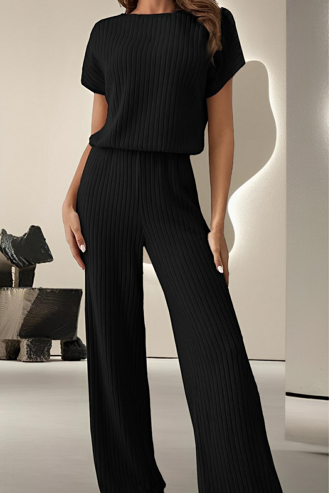 Women's solid-color round neck short sleeve professional jumpsuit with sleek one-piece tailored silhouette