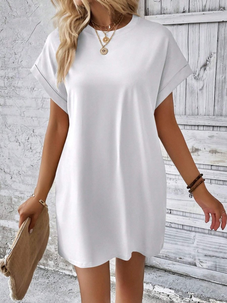 Sustainable luxury round neck short sleeve mini dress in eco-conscious fabric, versatile day-to-evening style