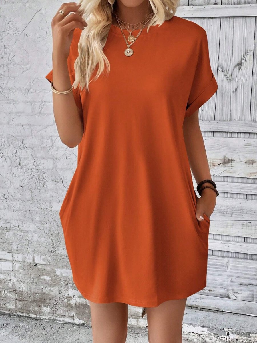 Sustainable luxury mini dress round neck short sleeves eco-conscious fabric versatile day-to-evening style
