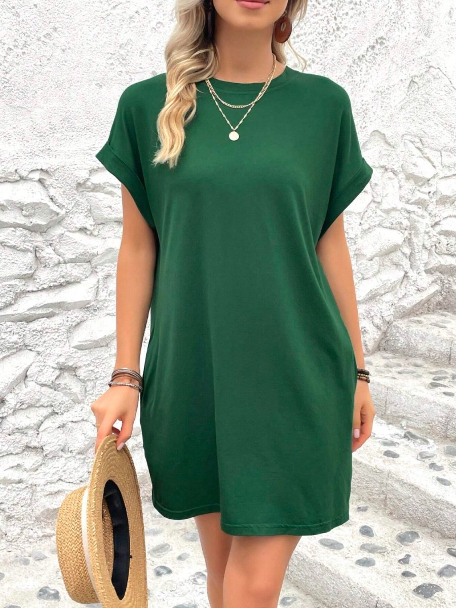 Sustainable luxury mini dress round neck short sleeves eco-conscious fabric versatile day-to-evening style