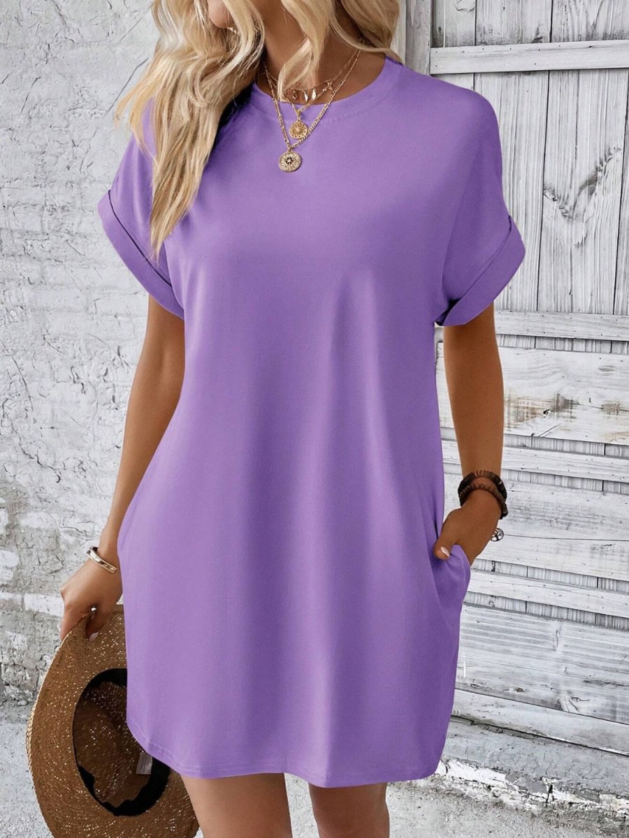Eco luxe round neck short sleeve mini dress in sustainable luxury fabric for eco-conscious style