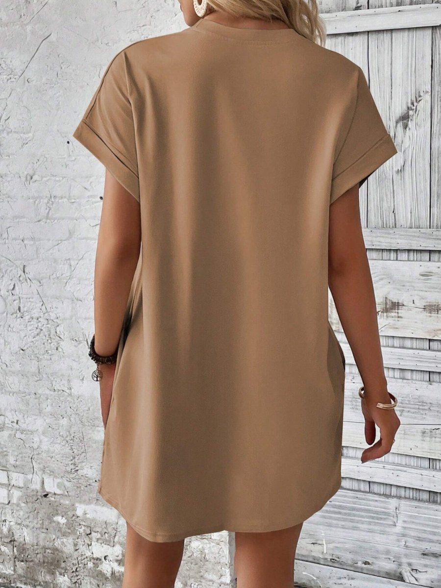 Sustainable luxury mini dress round neck short sleeves eco-conscious fabric versatile day-to-evening style