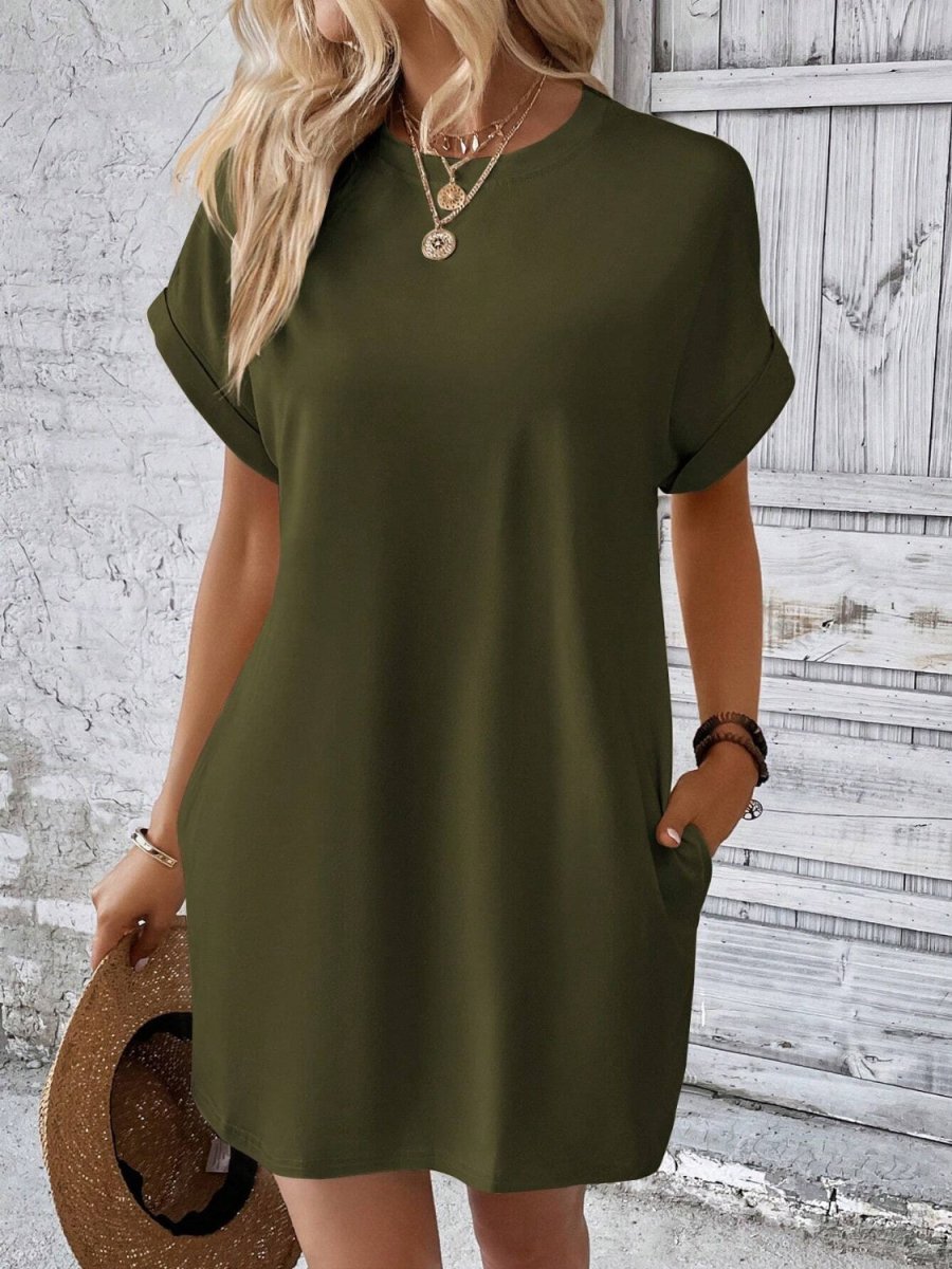 Sustainable luxury mini dress round neck short sleeves eco-friendly fabric versatile day-to-evening style