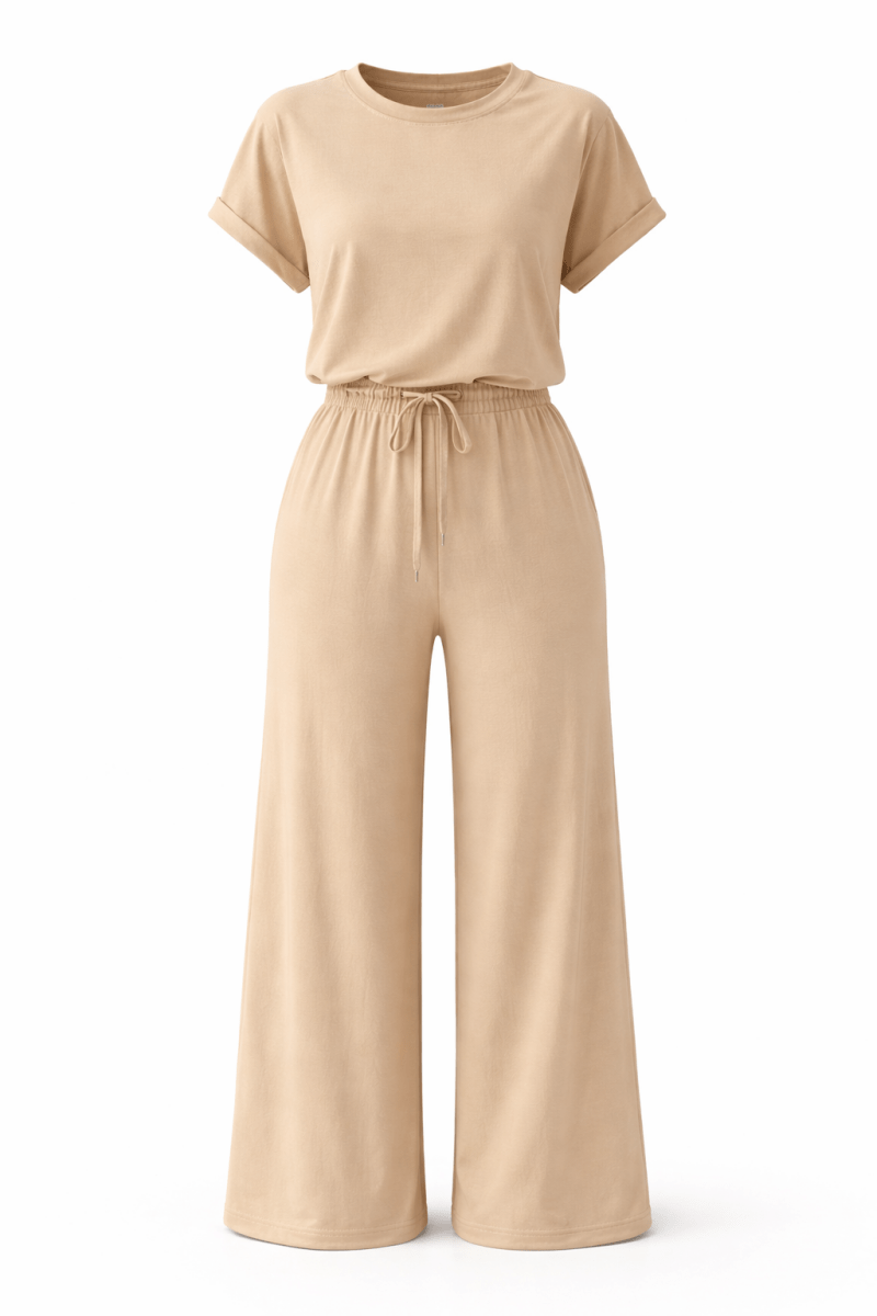 Women's sage green two-piece loungewear set round neck top drawstring pants casual comfort style