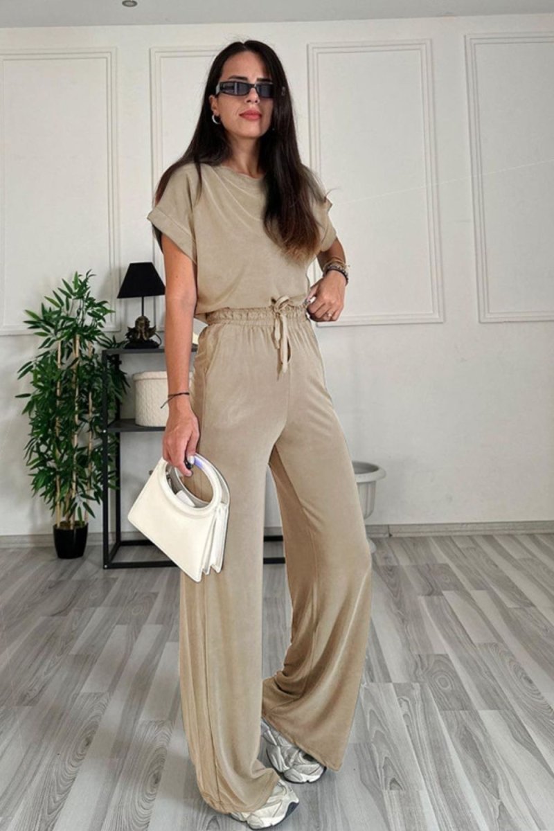 Women's beige round neck short sleeve top and drawstring pants lounge set, relaxed two-piece coord