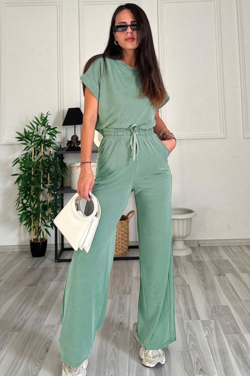 Women's sage green round neck short sleeve top & drawstring pants lounge set, soft stretch 2-piece