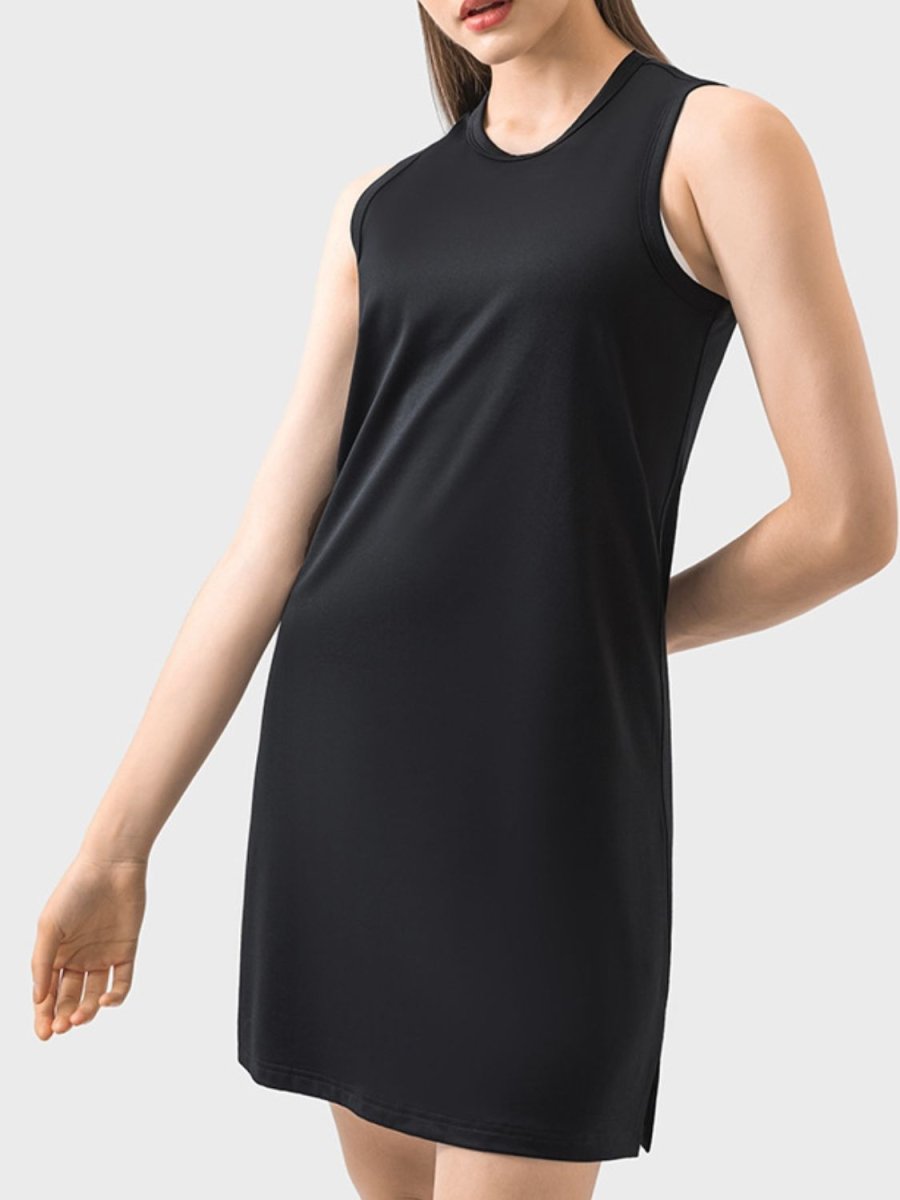 Women's sleeveless active dress round neck navy blue gym-to-social high-performance nylon spandex