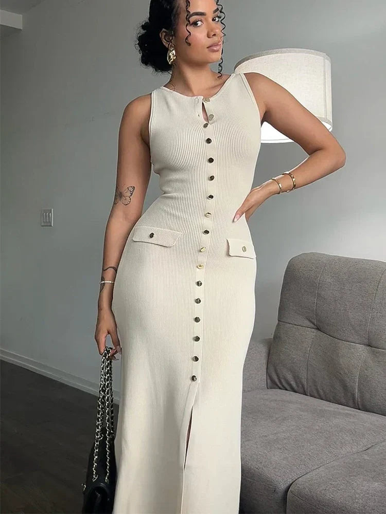 Women's sleeveless bodycon knitted cardigan dress with classic lapel, elegant long silhouette