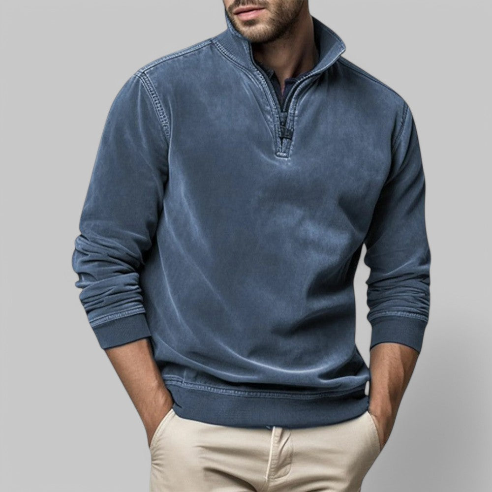 Men's grey half-zip stand collar sweater, relaxed casual fit ideal for layering
