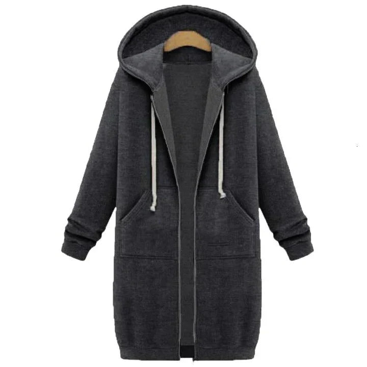 Women's longline zip-up sweatshirt relaxed fit with front zipper closure for casual everyday wear