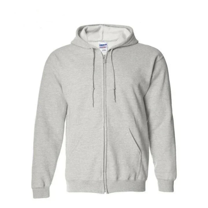Men's gray zip-up hoodie comfort fit full-length zipper athletic casual streetwear layering essential