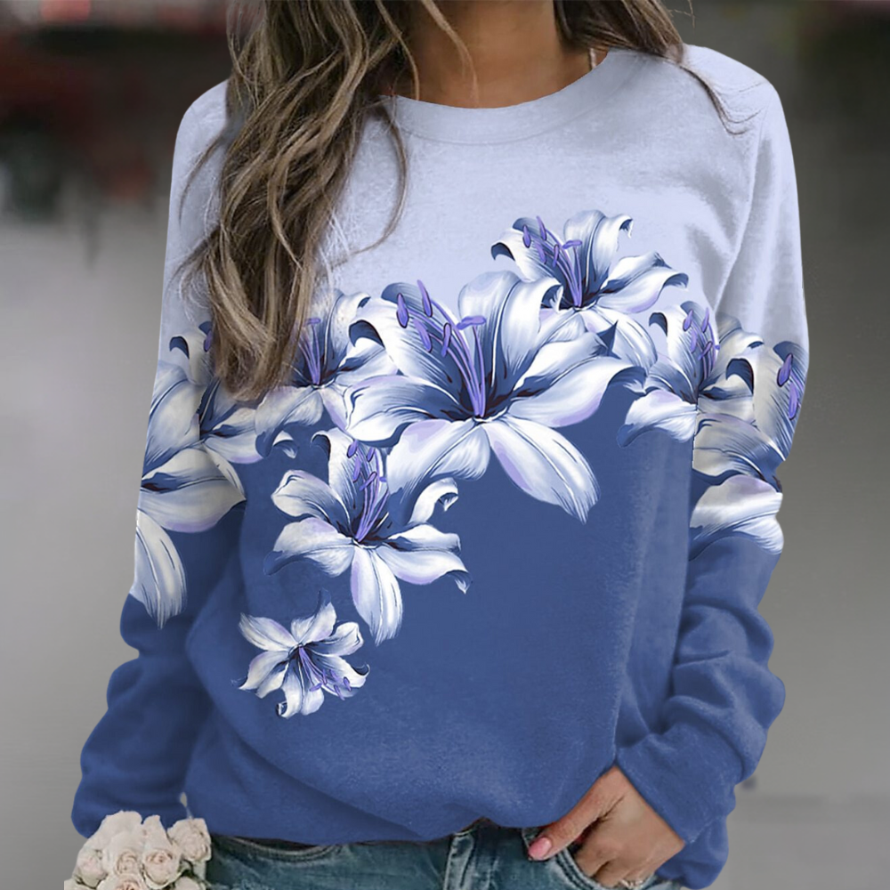 Women's floral print sweatshirt relaxed fit long sleeve soft breathable cotton-blend fabric