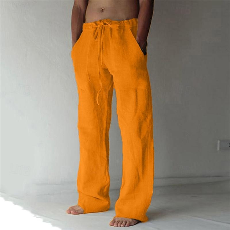 Men's beige linen blend pants relaxed fit lightweight breathable casual summer trousers