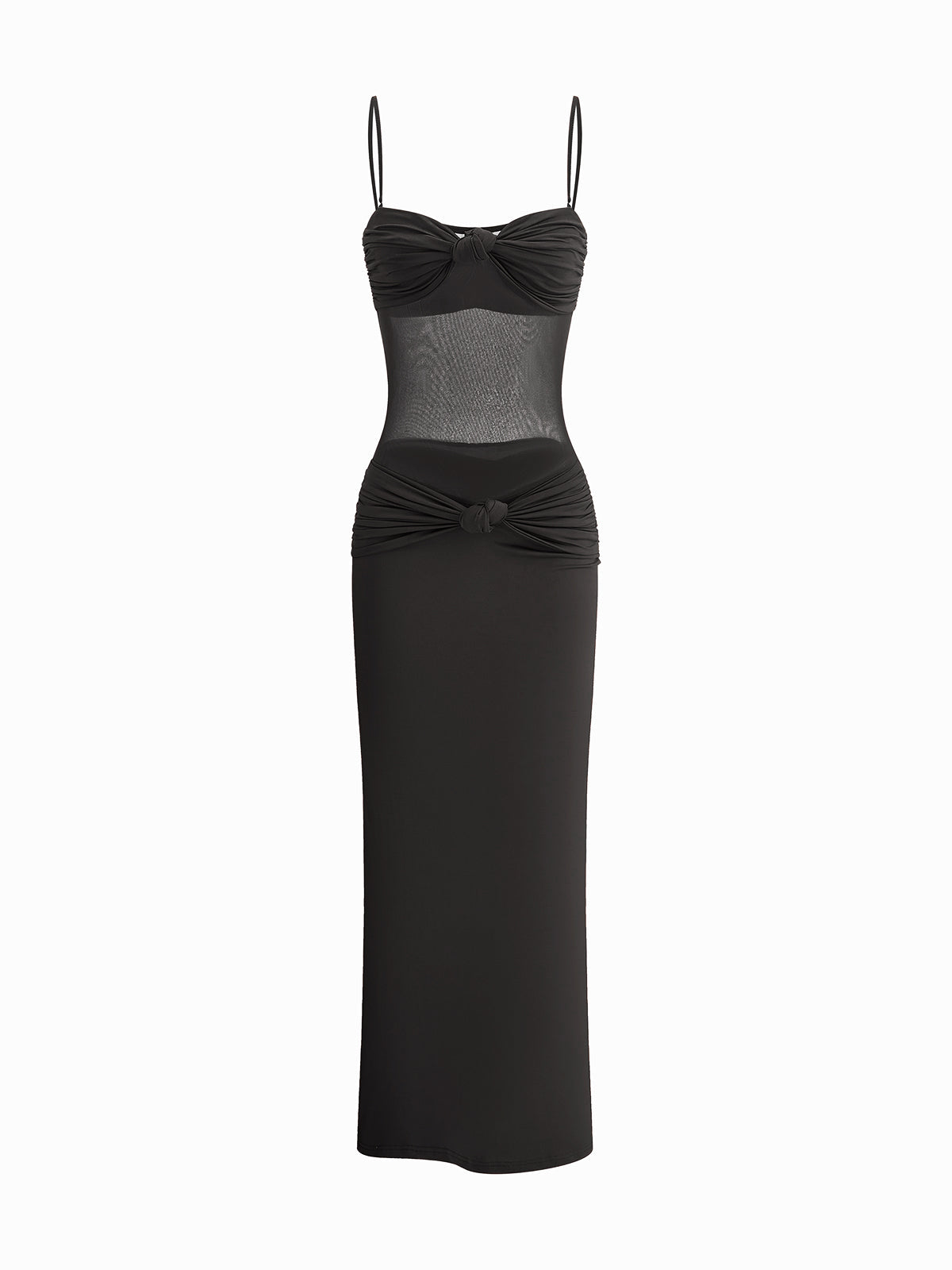 Women's black ruched bust mesh detail knotted maxi dress with stretch jersey feminine silhouette