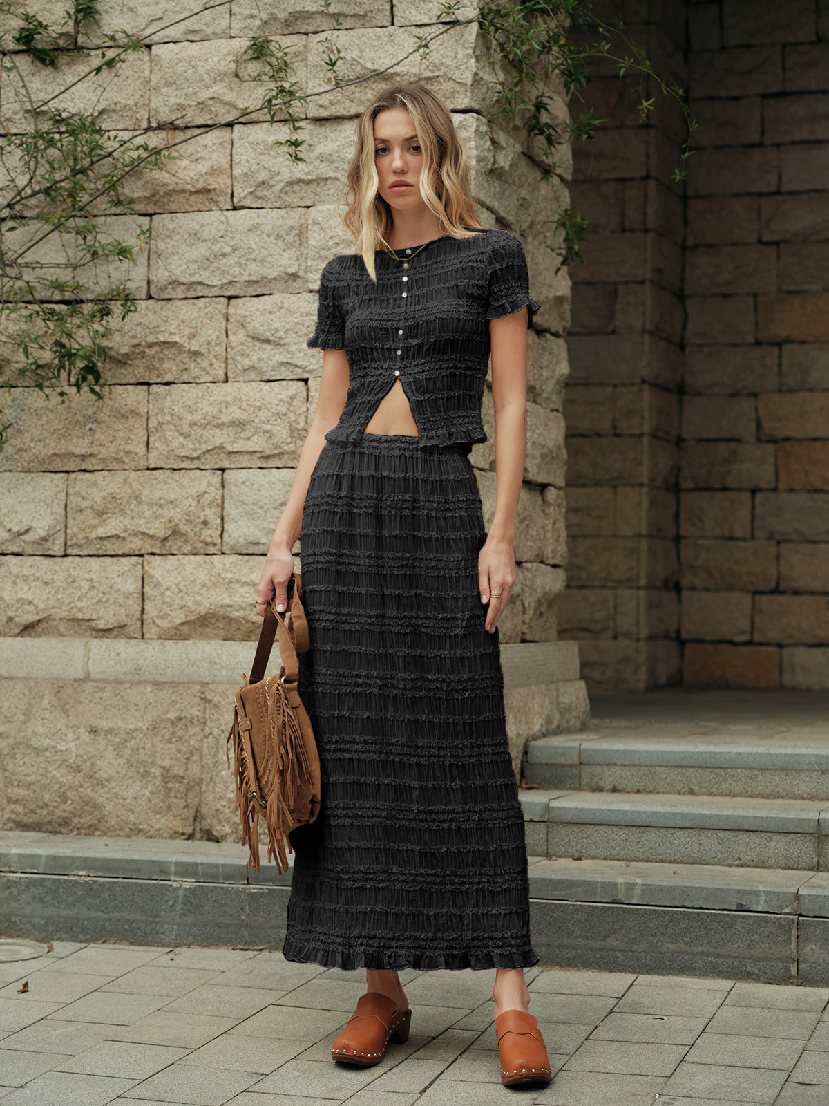 Women's chiffon crop top skirt set with ruffles, lettuce trim, and invisible zipper in two-piece style