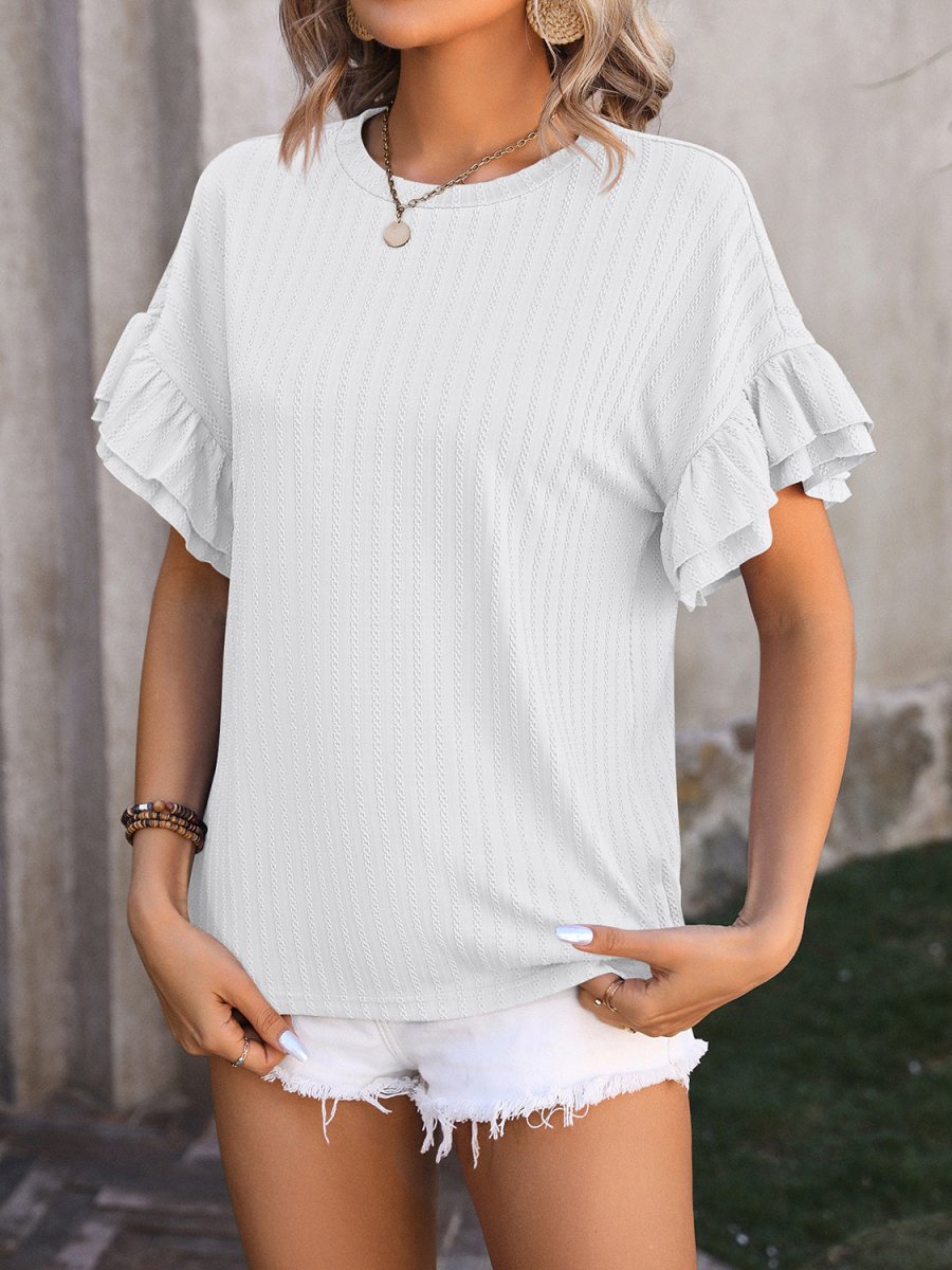 White ruffled round neck short sleeve professional blouse with delicate neckline ruffle detailing