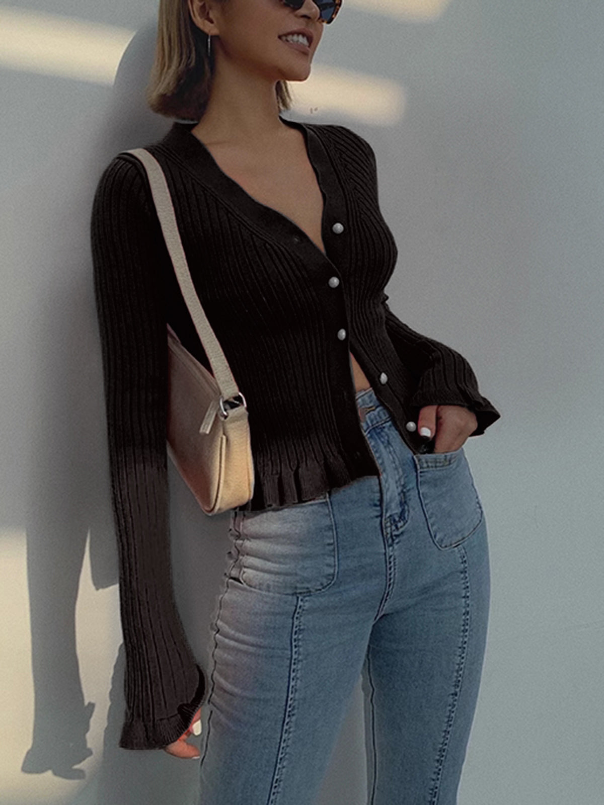 Women's slim fit knit cardigan with pearl buttons, ruffled lettuce trim, long sleeves, elegant versatile style