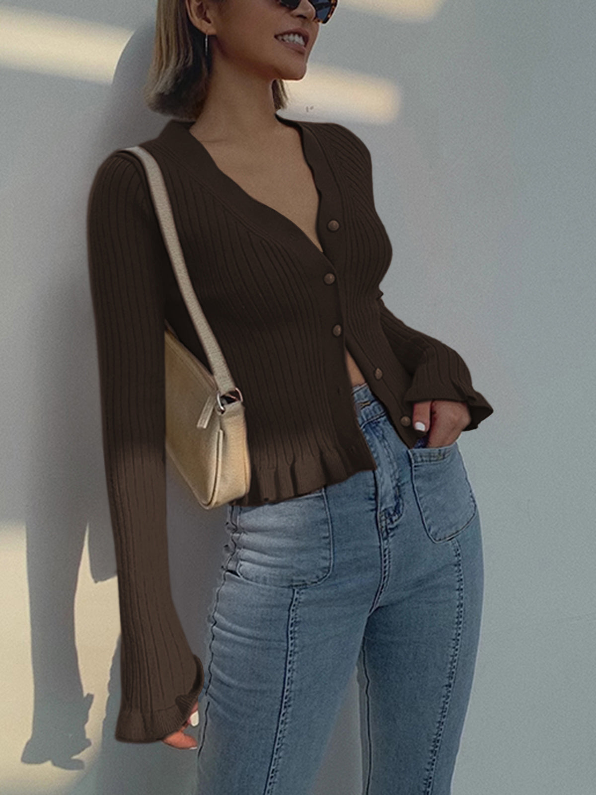 Women's slim fit knit cardigan with pearl buttons, ruffled lettuce edge trim, elegant long sleeve style