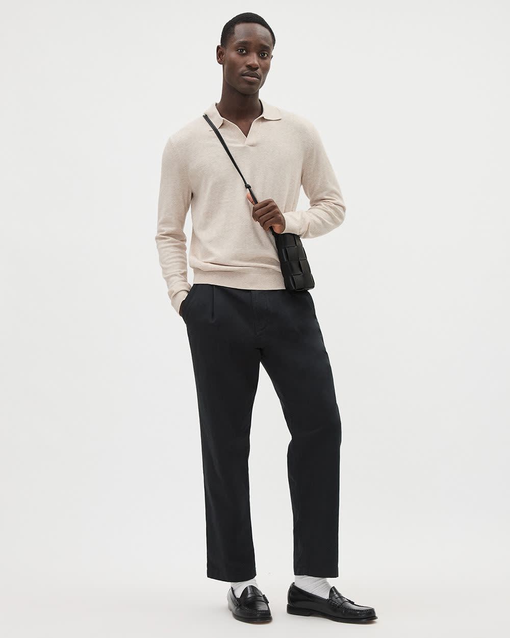 Men's white cotton polo shirt with Johnny collar, relaxed fit and modern sophisticated style