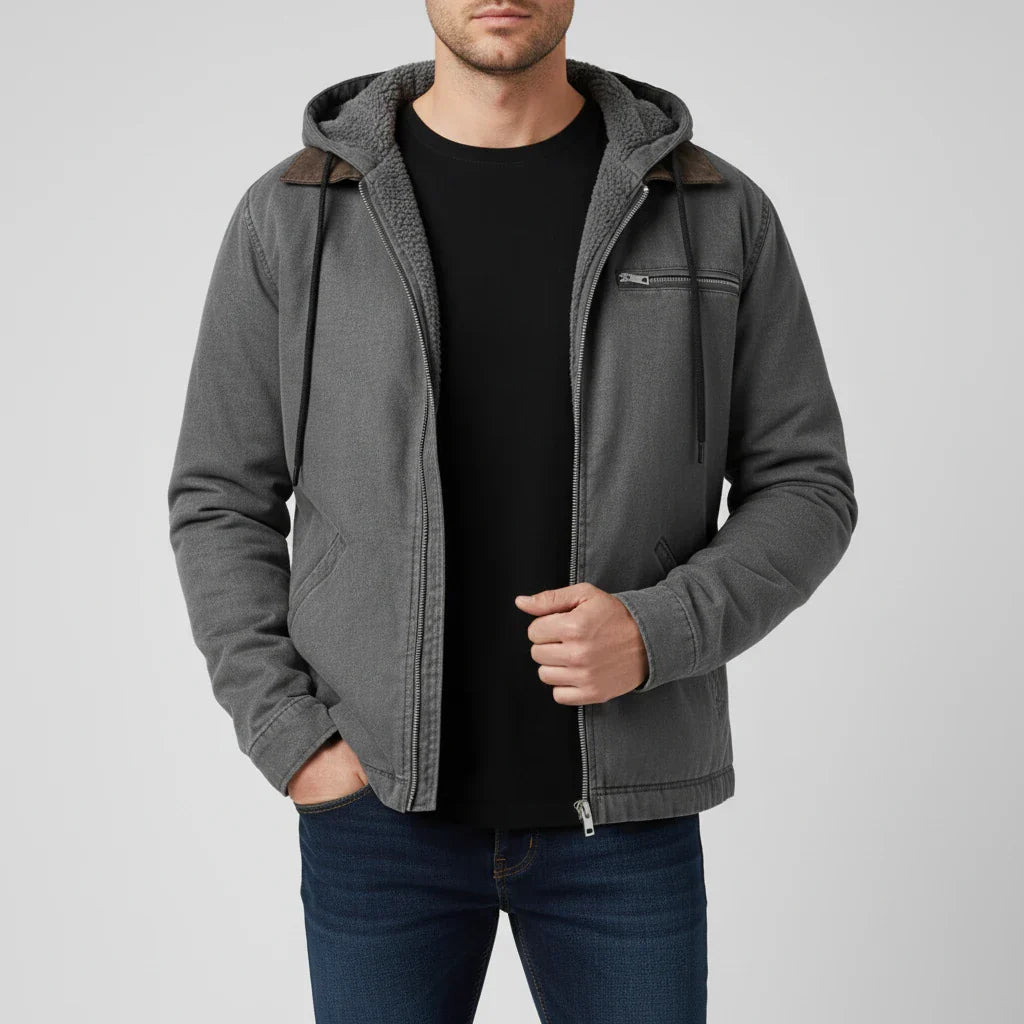 Men's gray full-zip hooded jacket with adjustable drawstring hood and cozy fleece-lined interior