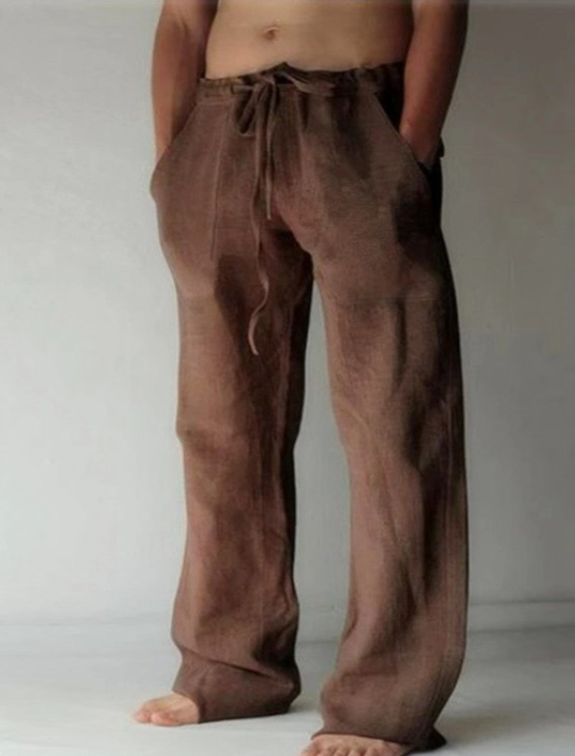 Men's beige linen blend relaxed fit casual pants lightweight breathable summer loungewear