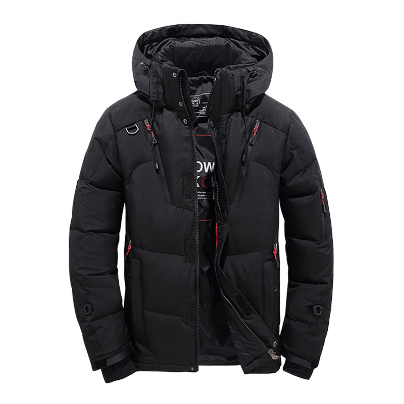 Men's hooded winter down jacket windproof insulated outdoor coat with clean silhouette for cold weather