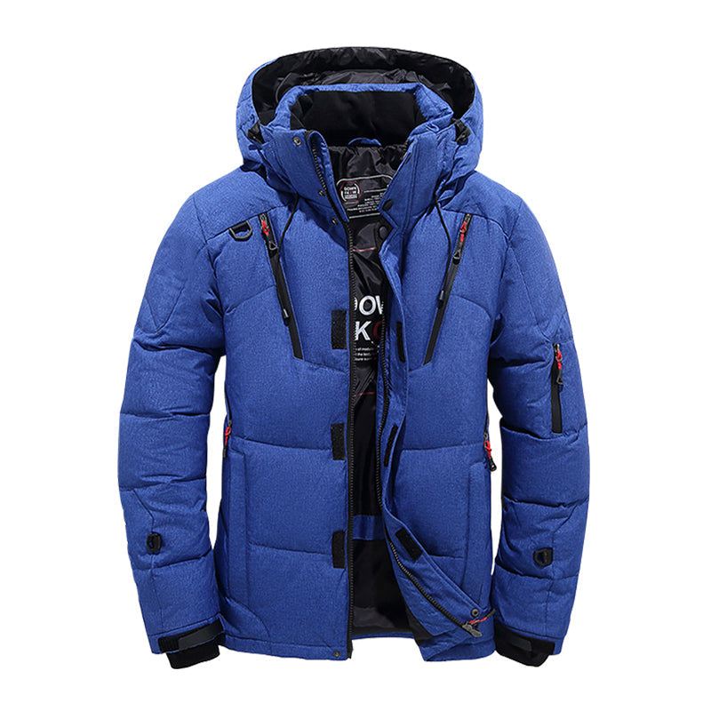 Men's hooded down winter jacket windproof insulated outdoor coat with clean silhouette for cold weather