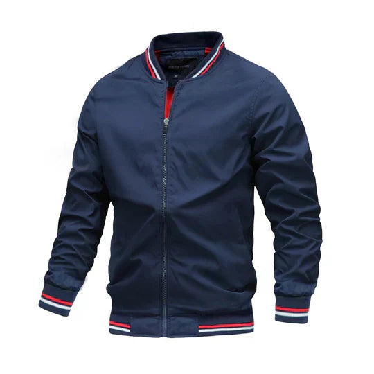 Men's lightweight winter bomber jacket in neutral tone, slim modern silhouette with premium insulation
