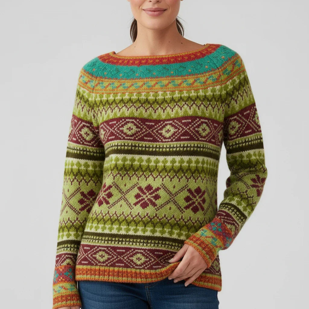 Women's relaxed crewneck sweater with Fair Isle and tree print pattern, perfect for casual layering