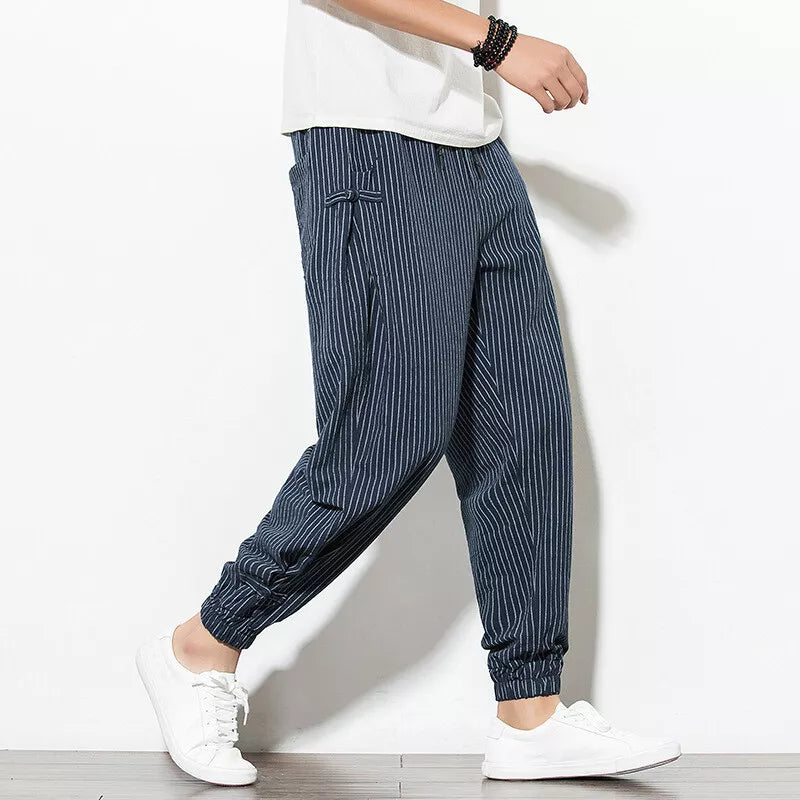 Unisex pinstripe jogger pants relaxed fit breathable cotton linen blend everyday casual comfort