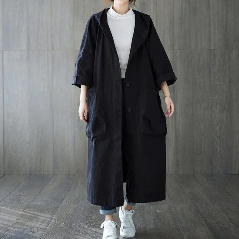Women's oversized hooded trench coat ankle-length water-resistant casual urban style