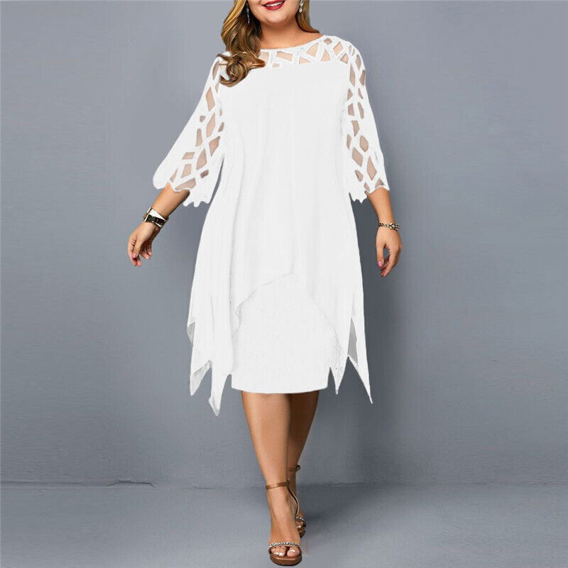 Black plus-size midi dress with elegant lace sleeves and round neckline for timeless formal wear