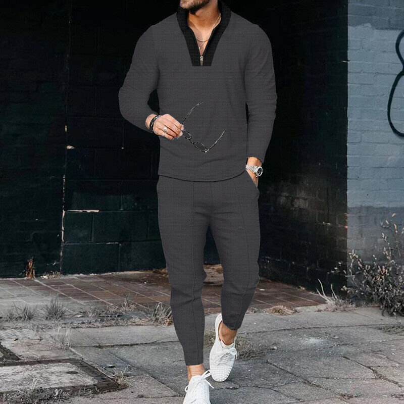 Men's casual two-piece set navy zip-up long sleeve top matching trousers coordinated outfit