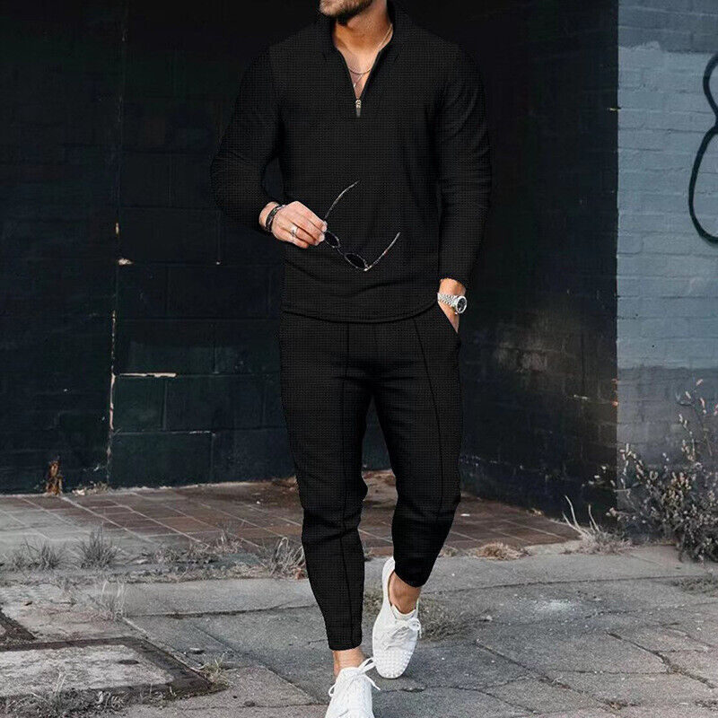 Men's casual two-piece set gray zip long-sleeve top matching trousers relaxed coordinated outfit