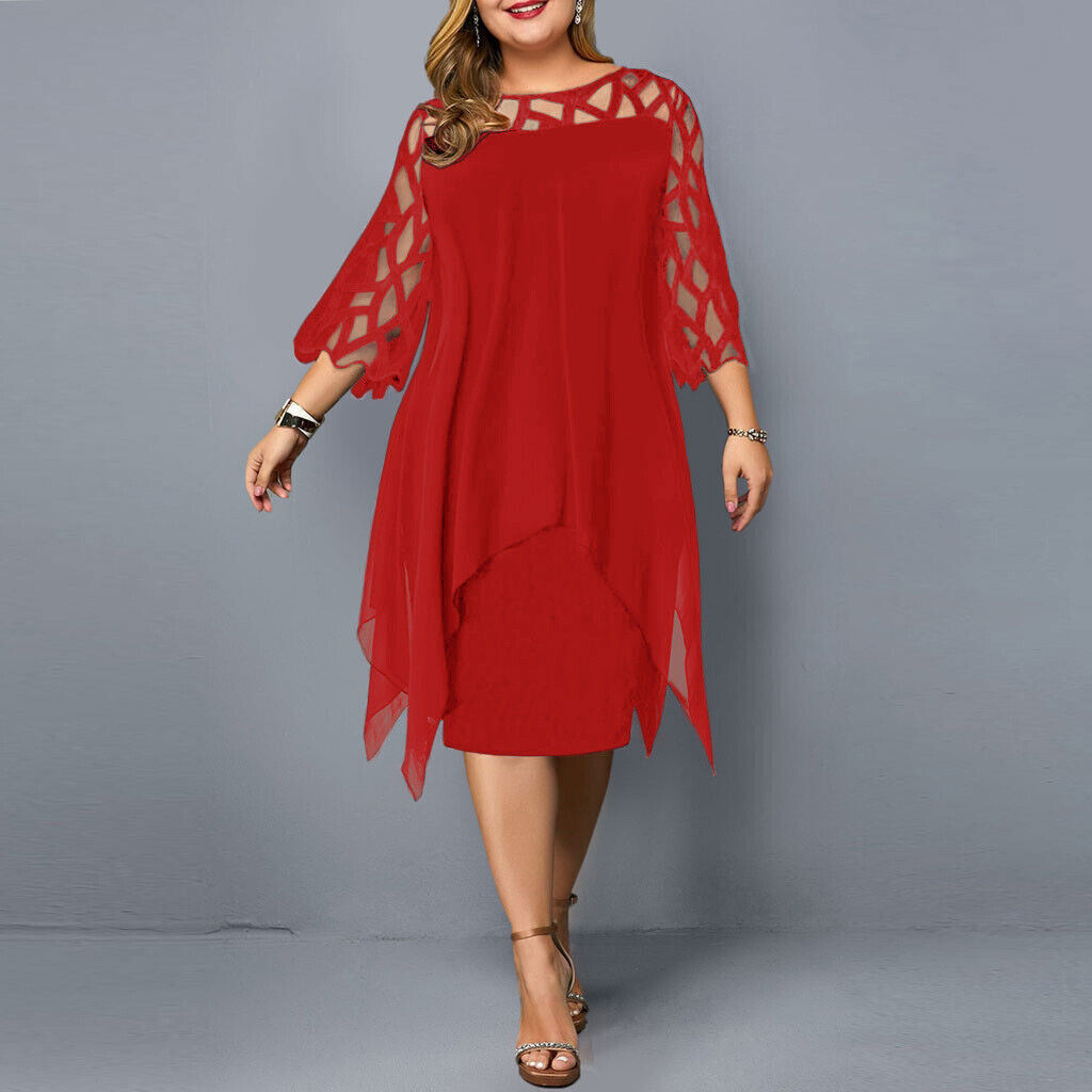 Black plus-size midi dress with elegant lace sleeves, round neckline, timeless formal silhouette