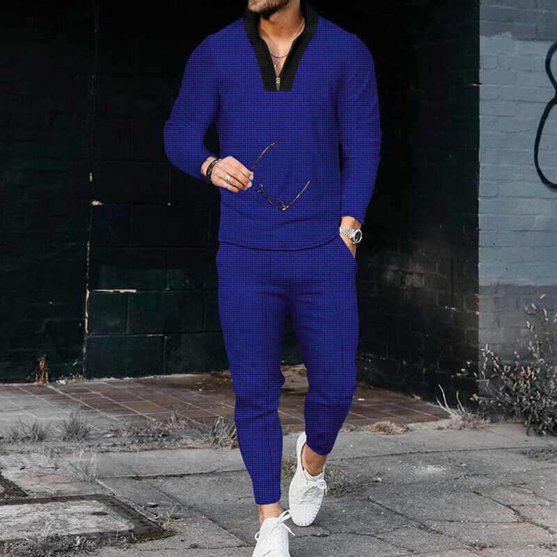 Men's casual two-piece zip top and trouser set in a coordinated colorway with long sleeves