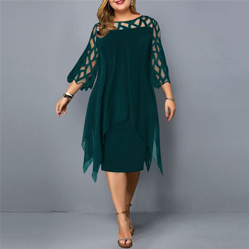 Elegant plus size midi dress in classic silhouette with delicate lace sleeves and round neckline