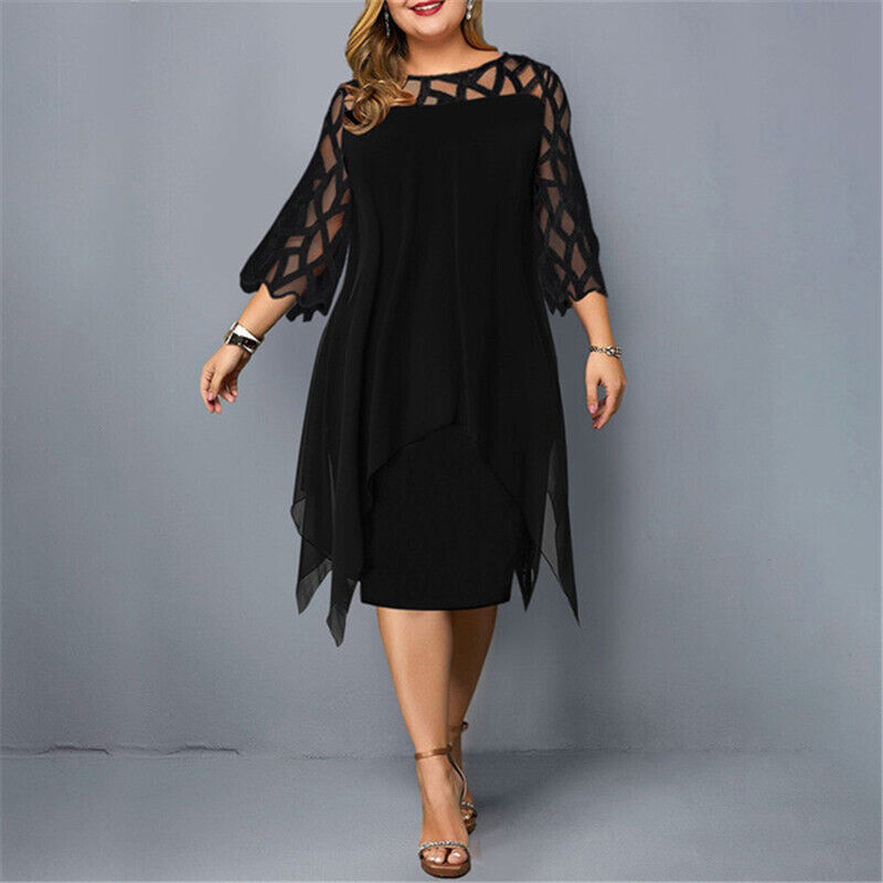 Elegant plus size midi dress in classic silhouette with delicate lace sleeves and round neckline
