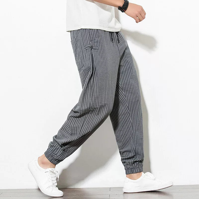 Unisex pinstripe jogger pants relaxed fit cotton linen blend soft breathable everyday comfort wear