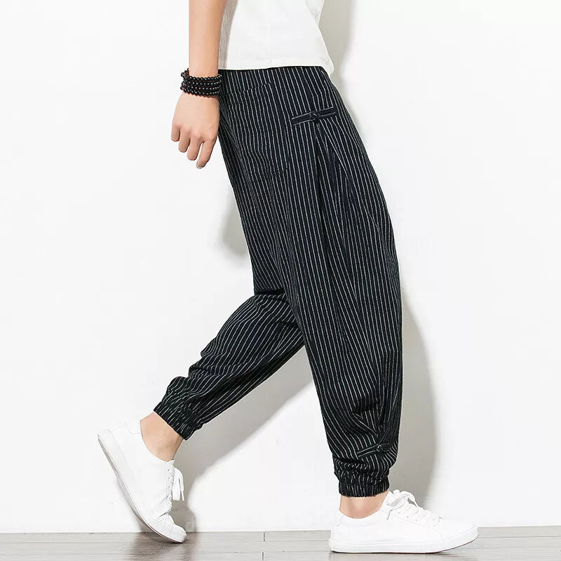 Unisex pinstripe jogger pants relaxed fit cotton linen blend soft breathable everyday casual comfort