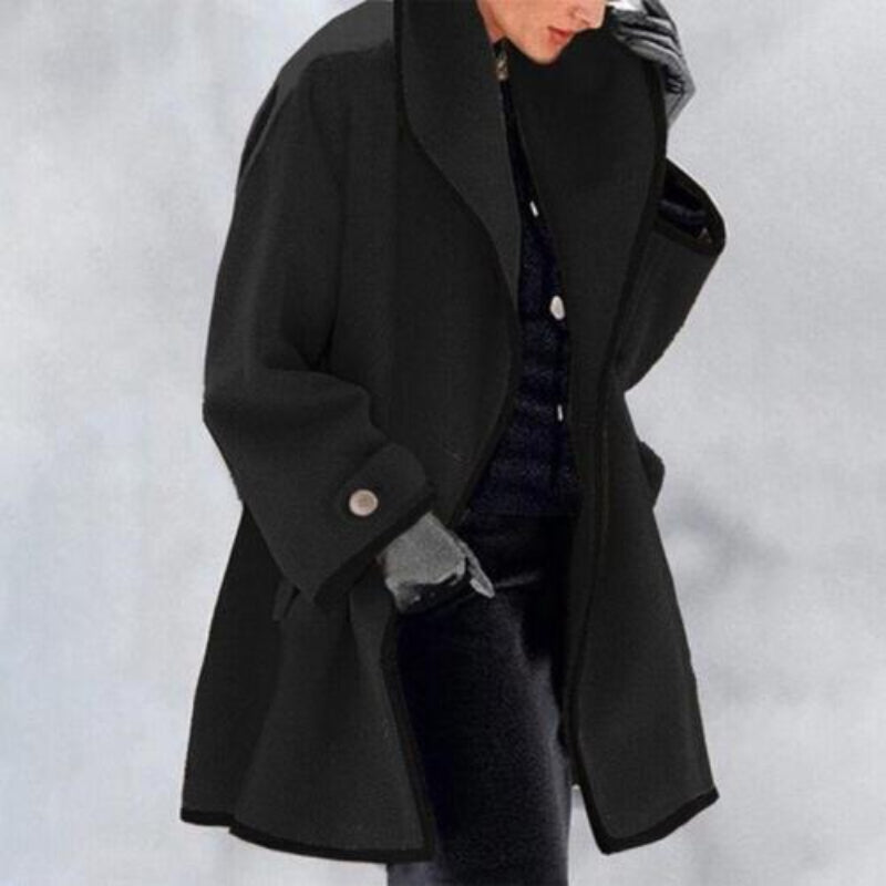 Women's oversized camel coat wide lapel contrast trim relaxed silhouette timeless winter outerwear
