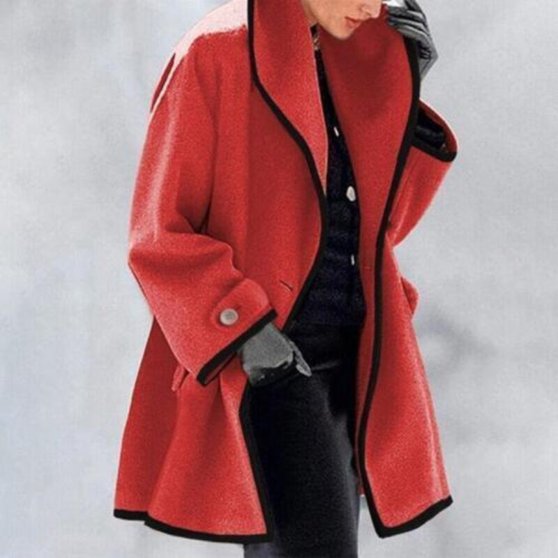 Women's oversized camel coat wide lapel contrast trim trench-inspired relaxed silhouette winter essential