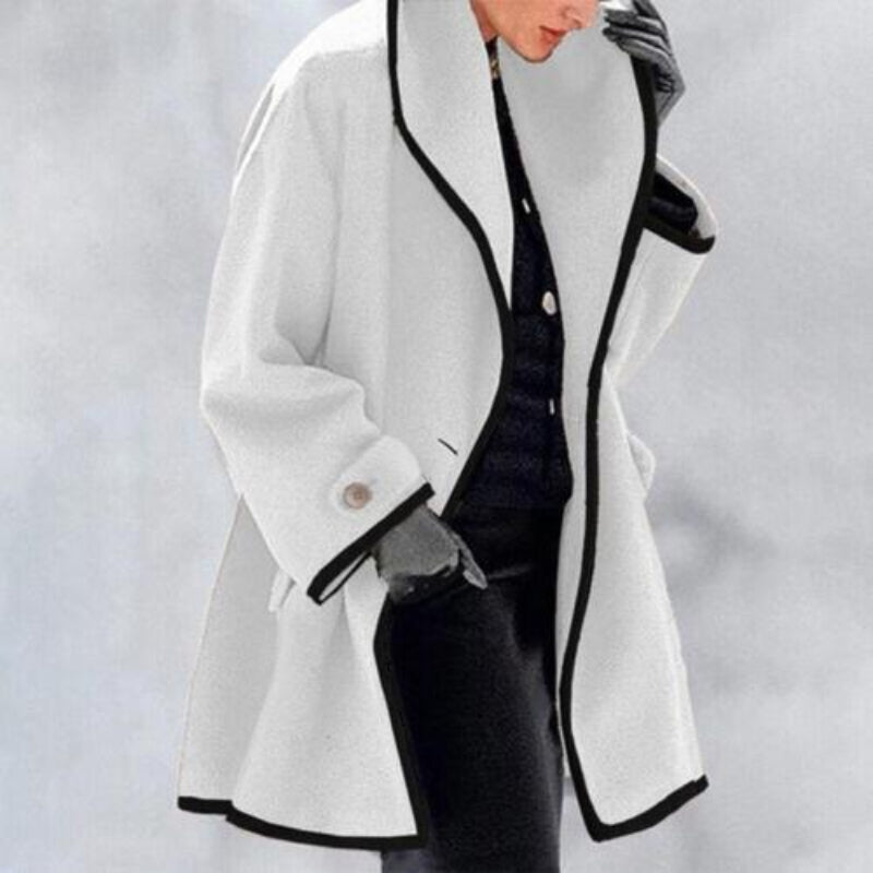Women's oversized camel coat wide lapel contrast trim trench-inspired relaxed silhouette winter essential