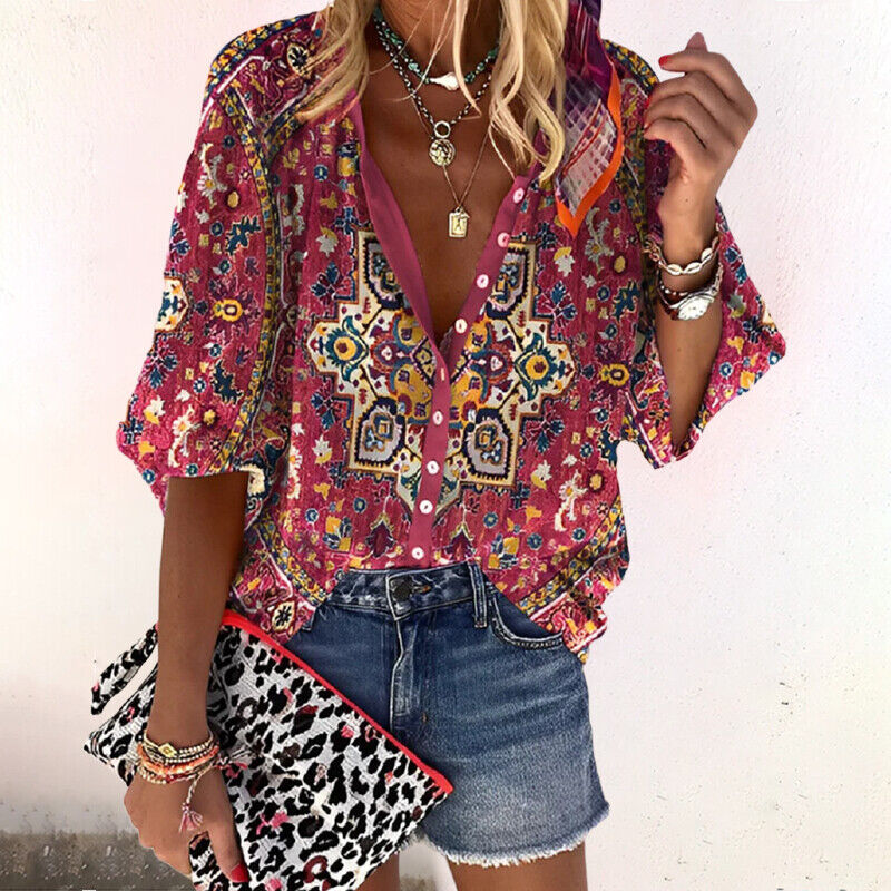 Zara | Women's Boho Print Blouse V-Neck Long Sleeve Button Down